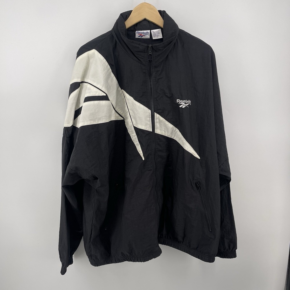 Vintage Reebok Big Logo Black Nylon Full Zip 90s Windbreaker Jacket Mens XL